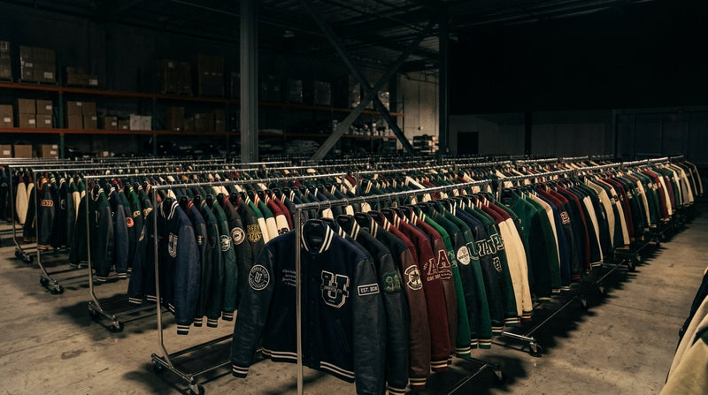 Large wholesale collection of varsity jackets displayed on clothing racks inside a warehouse.