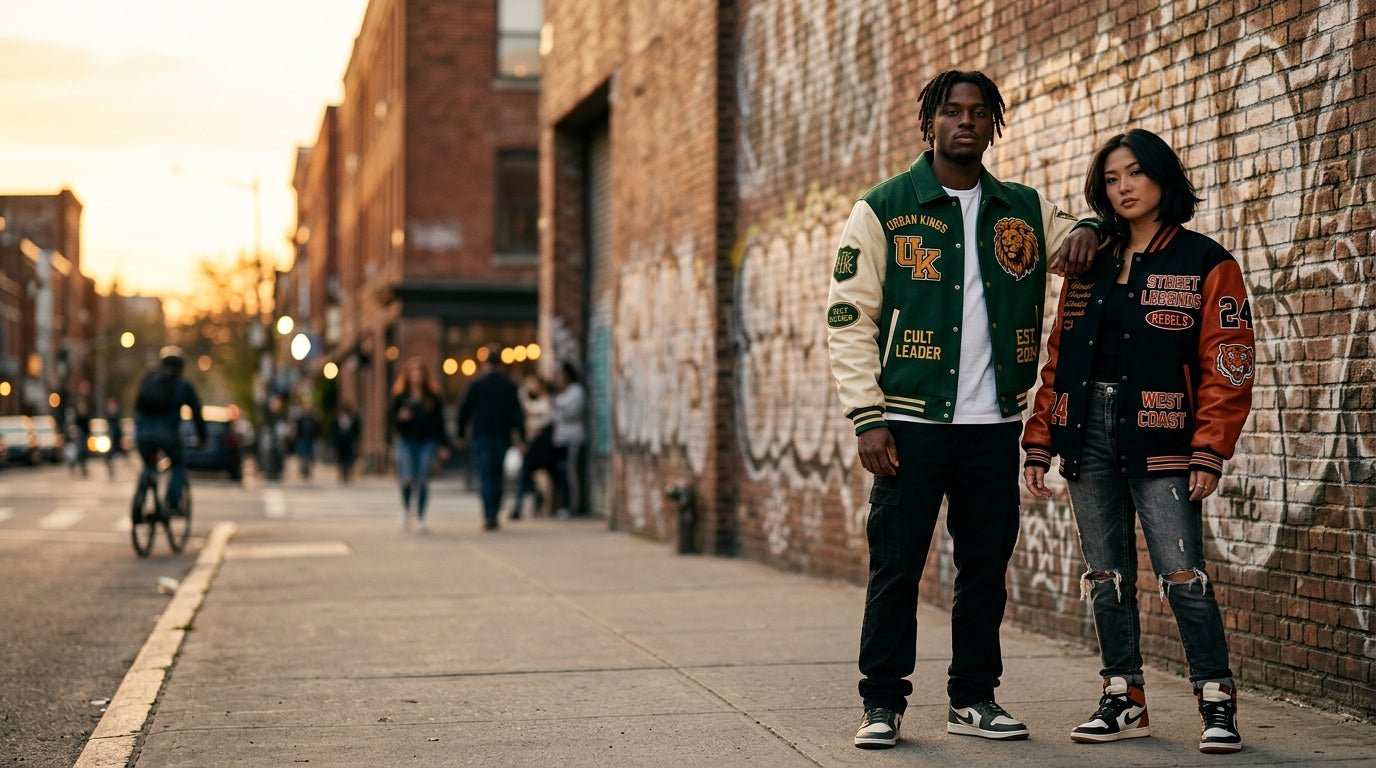 Two people wearing custom streetwear varsity jackets pose against a graffiti-covered brick wall at sunset in an urban neighborhood.