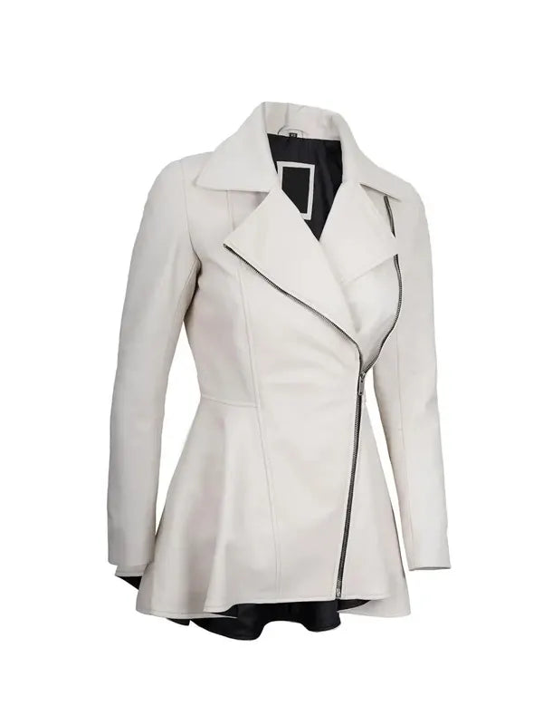 Back view of Women's's White Peplum Leather Jacket