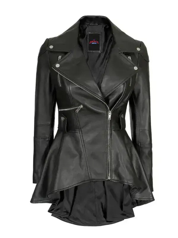 Front view of Women's's Black Leather Peplum Jacket