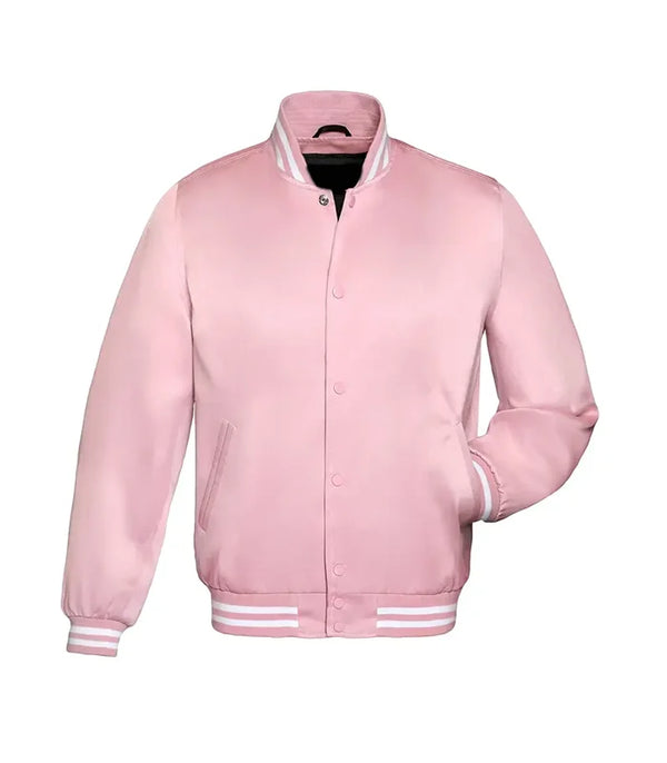 Front view of a light pink satin varsity jacket with snap-button closure and white striped rib-knit collar and cuffs.
