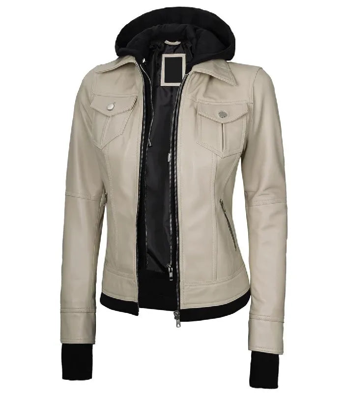 Side view of Women's's Beige Hooded Leather Bomber Jacket