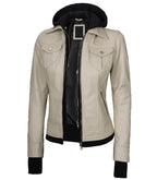 Side view of Women's's Beige Hooded Leather Bomber Jacket