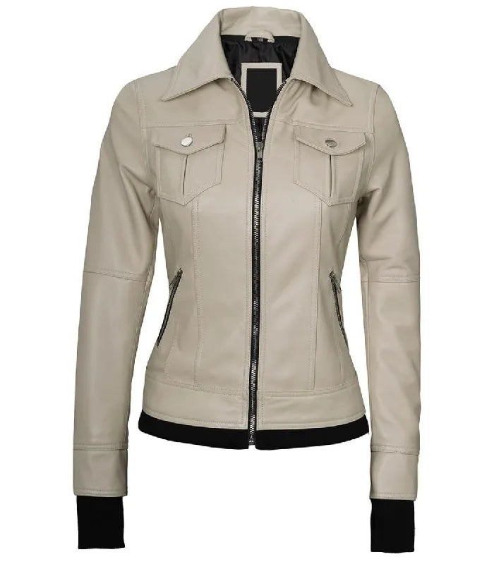 Close-up detail of Women's's Beige Hooded Leather Bomber Jacket
