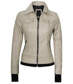 Close-up detail of Women's's Beige Hooded Leather Bomber Jacket