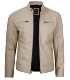 Side view of Men's Cafe Racer Beige Leather Jacket