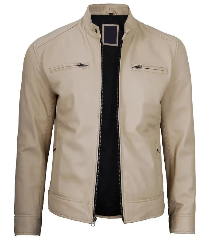 Side view of Men's Cafe Racer Beige Leather Jacket