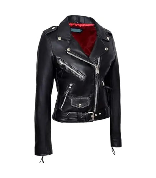 Back view of Black Leather Biker Jacket with Red Lining