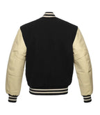 Black and cream varsity jacket back view with striped cuffs and collar