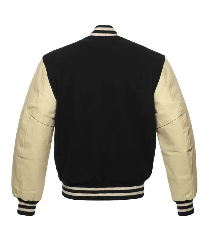 Black and cream varsity jacket back view with striped cuffs and collar