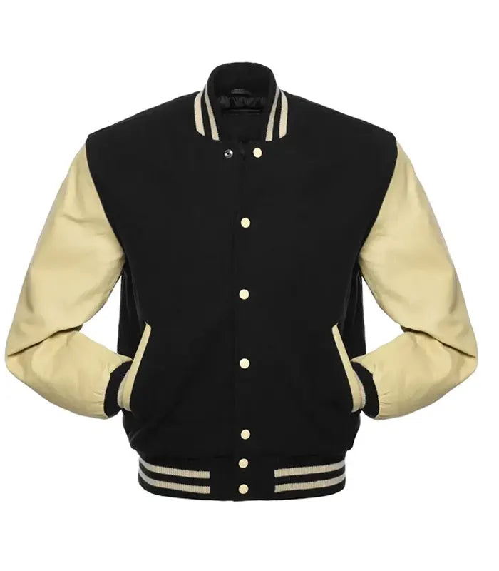 Black and cream varsity jacket with button front and striped cuffs, ideal for custom team wear