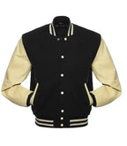 Black and cream varsity jacket with button front and striped cuffs, ideal for custom team wear