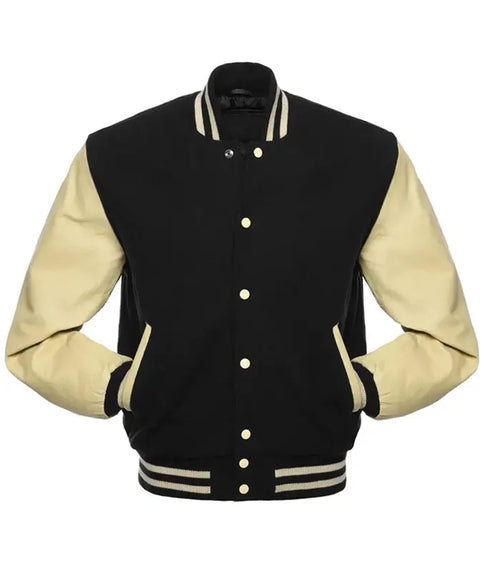 Black and cream varsity jacket with button front and striped cuffs, ideal for custom team wear