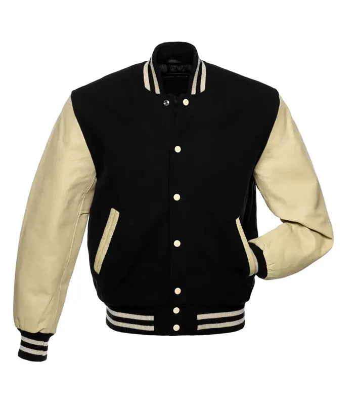 Black and cream varsity jacket with ribbed cuffs and collar, button front, perfect for custom team wear.
