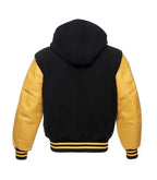 Black and gold varsity baseball jacket back view with hood, contrast sleeves, and classic striped waistband finish.