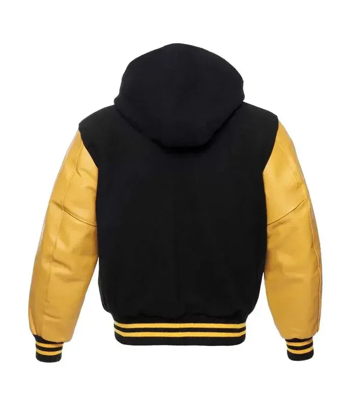 Black and gold varsity baseball jacket back view with hood, contrast sleeves, and classic striped waistband finish.