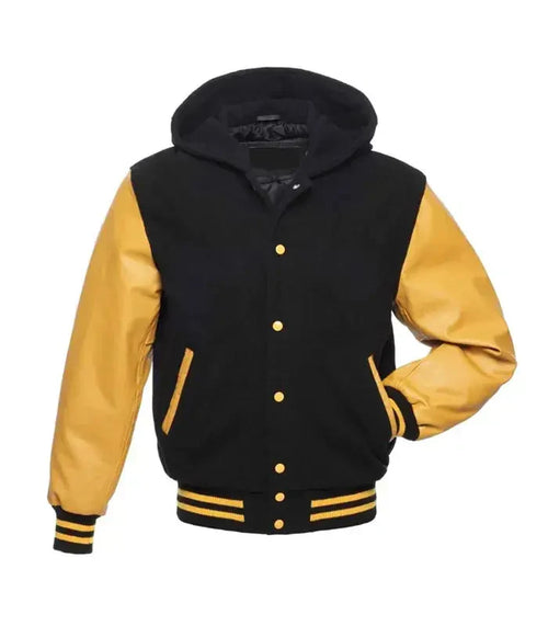 Black and yellow hooded varsity jacket front view with snap button closure, letterman style body, and ribbed striped trims.