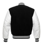 Black varsity baseball jacket back view with contrast white sleeves and striped waistband in classic letterman style.