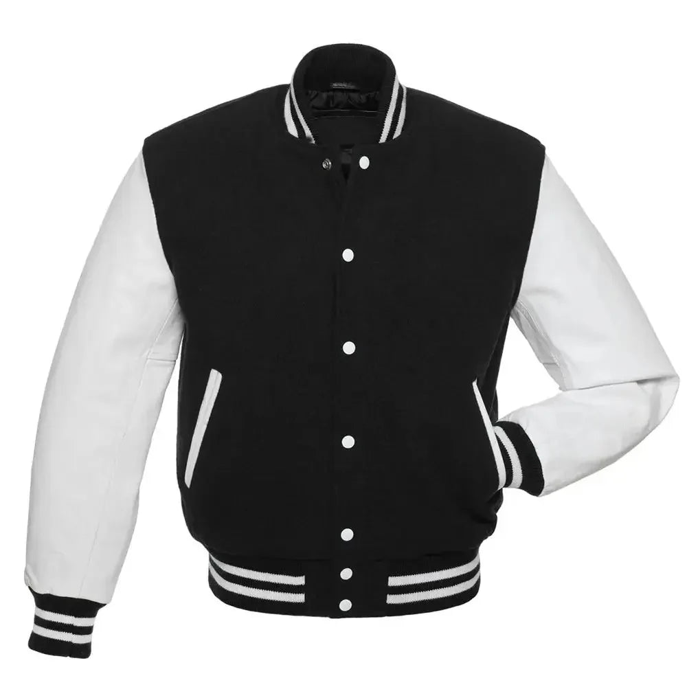 Black and white varsity jacket front view with classic snap buttons, striped ribbed trims, and contrast sleeves.