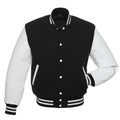 Black and white varsity jacket front view with classic snap buttons, striped ribbed trims, and contrast sleeves.