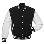 Black and white varsity jacket front view with classic snap buttons, striped ribbed trims, and contrast sleeves.