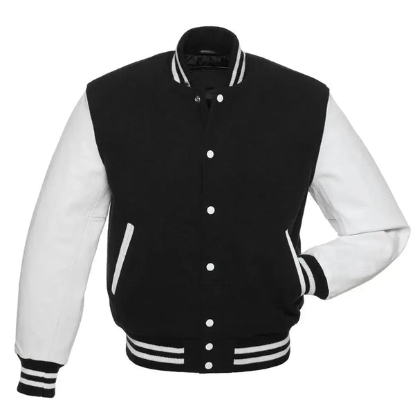 Black and white varsity jacket front view with classic snap buttons, striped ribbed trims, and contrast sleeves.