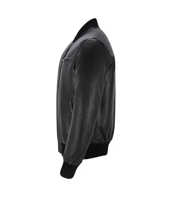 Side view of Men's Black Leather Bomber Jacket