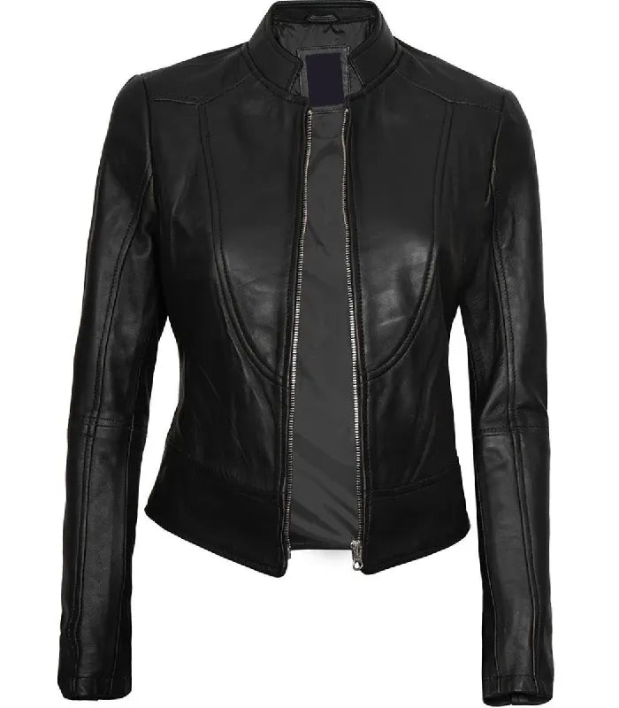 Back view of Women's's Black Leather Cafe Racer Jacket