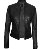 Back view of Women's's Black Leather Cafe Racer Jacket