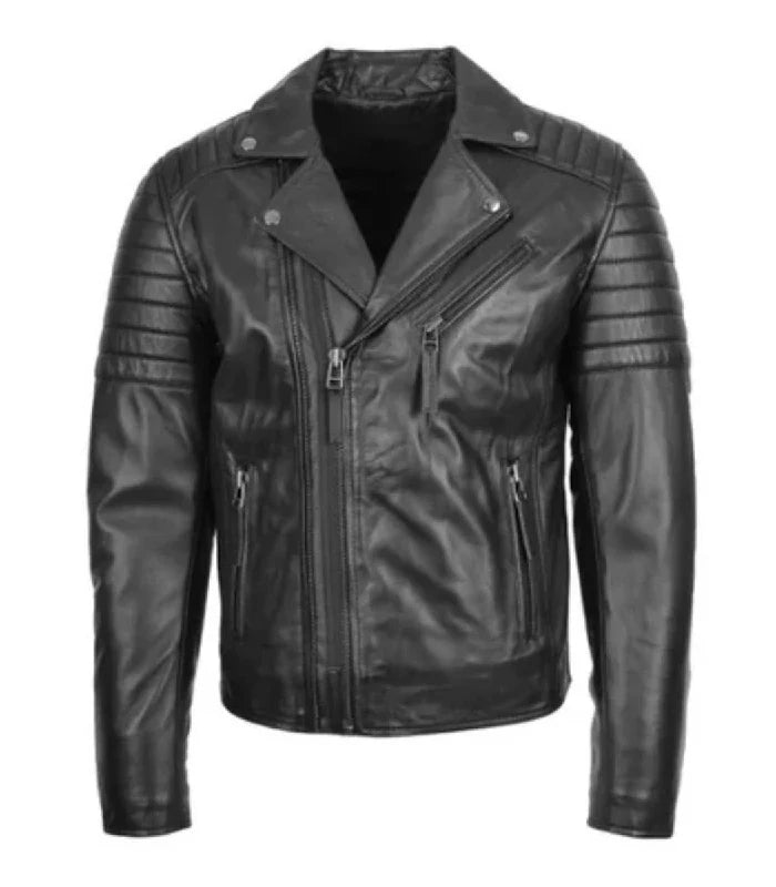 Front view of Black Dual-Zip Cross Leather Biker Jacket