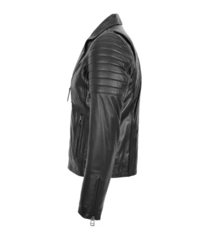 Close-up detail of Black Dual-Zip Cross Leather Biker Jacket