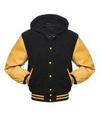 Black and golden letterman hoodie jacket front view featuring baseball jacket design, contrast sleeves, and attached hood.