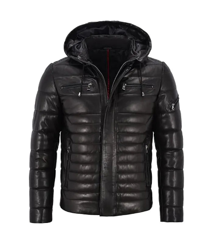 Front view of Black Hooded Leather Puffer Jacket