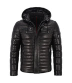 Front view of Black Hooded Leather Puffer Jacket