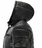 Detail view of Black Hooded Leather Puffer Jacket