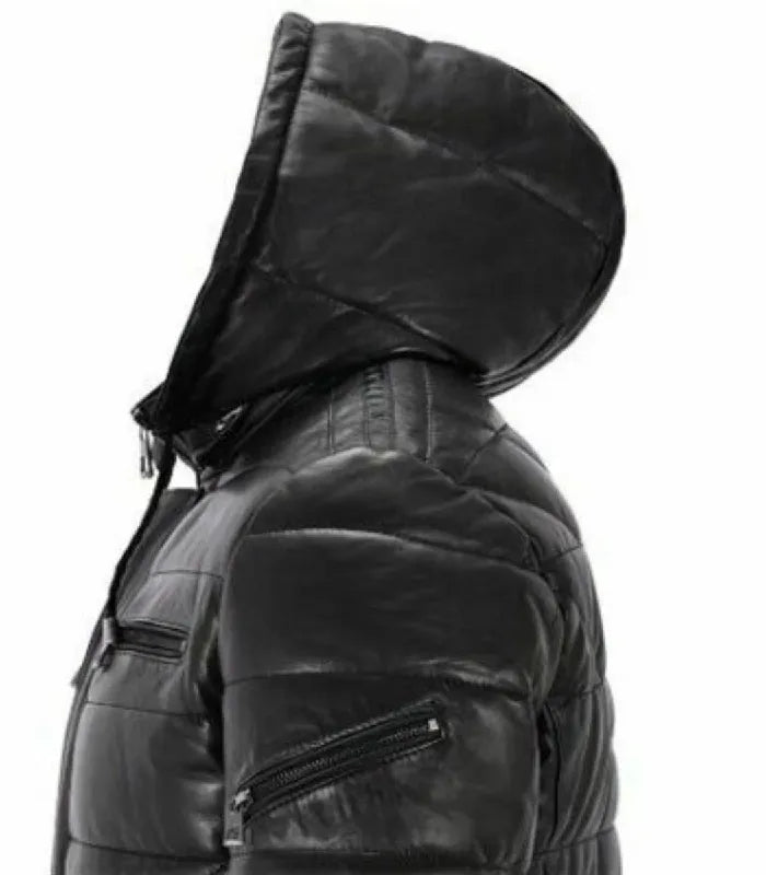 Detail view of Black Hooded Leather Puffer Jacket