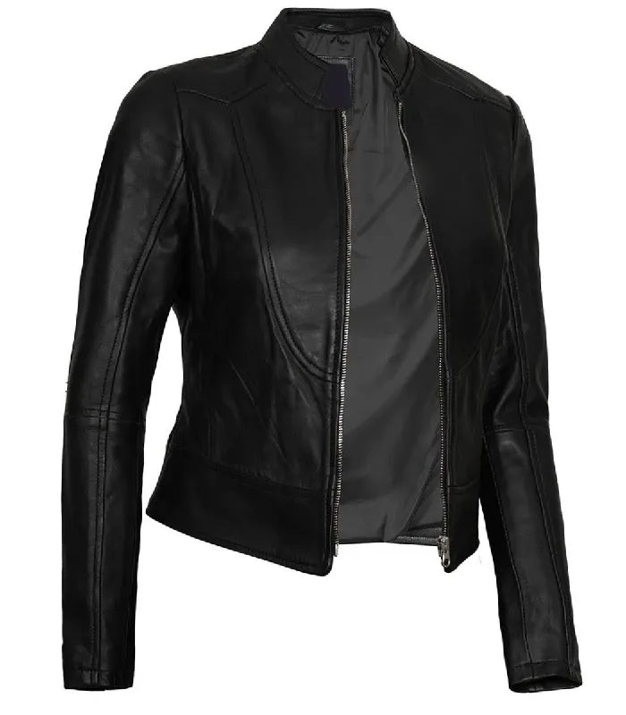 Side view of Women's's Black Leather Cafe Racer Jacket