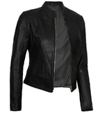 Side view of Women's's Black Leather Cafe Racer Jacket