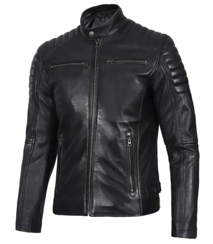 Side view of Men's Black Cafe Racer Leather Jacket