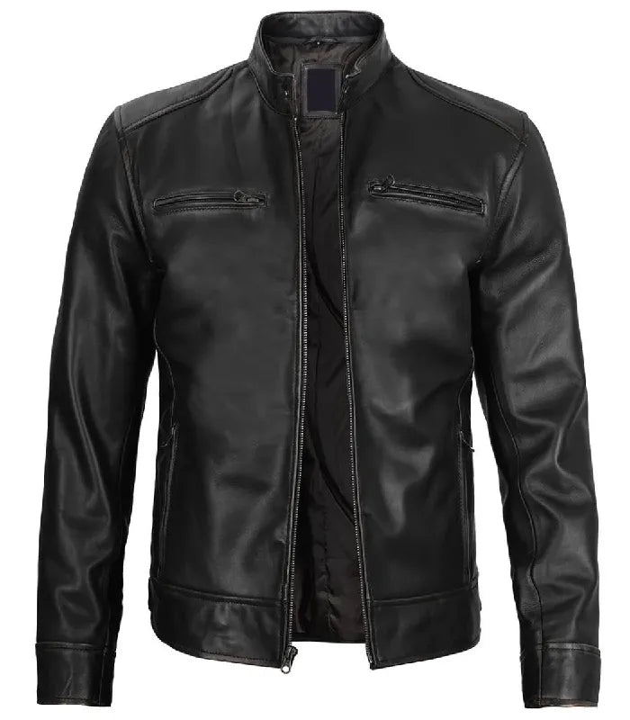Side view of Men's Black Leather Cafe Racer Jacket