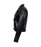 Detail view of Black Leather Biker Jacket with Red Lining