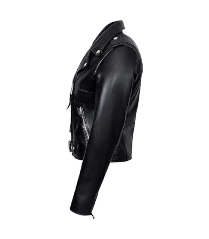 Detail view of Black Leather Biker Jacket with Red Lining