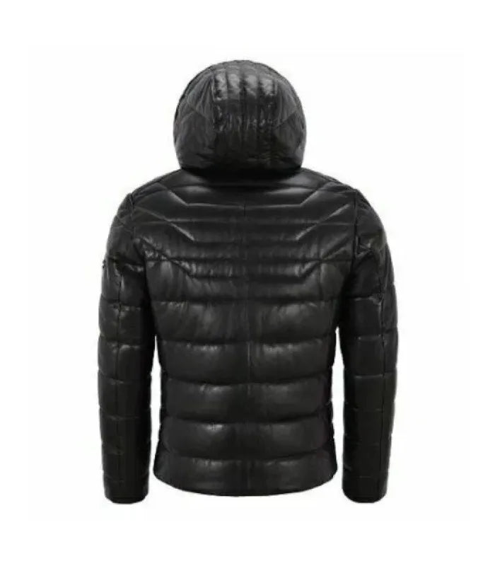 Back view of Black Hooded Leather Puffer Jacket