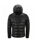 Back view of Black Hooded Leather Puffer Jacket