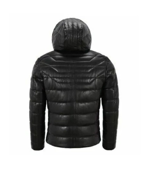 Back view of Black Hooded Leather Puffer Jacket