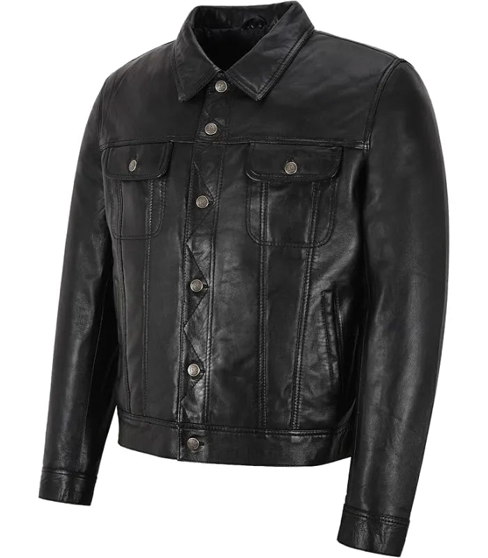 Side view of Black Leather Trucker Jacket