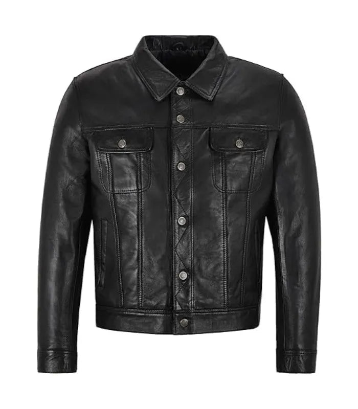Front view of Black Leather Trucker Jacket