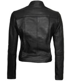 Detail view of Women's's Black Leather Cafe Racer Jacket