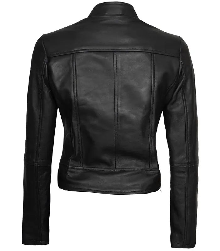 Detail view of Women's's Black Leather Cafe Racer Jacket