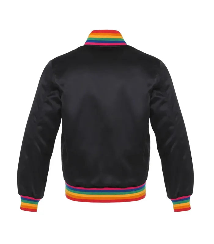 Black varsity jacket with rainbow trim on collar, cuffs, and hem for custom team or group wear